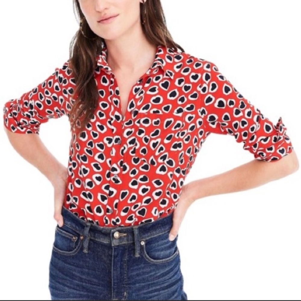 J. Crew Red Leopard Heart Print Button-Down Shirt